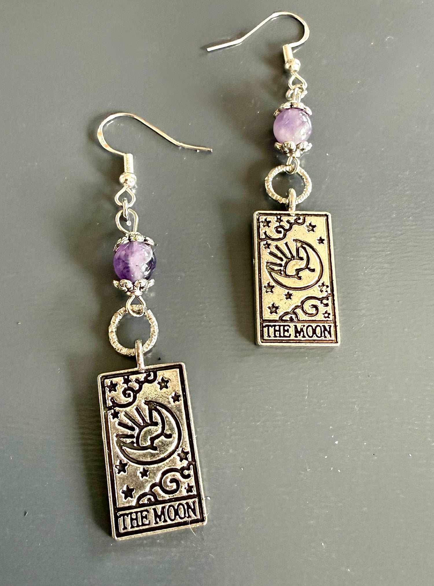 The Moon Tarot Card Charm Earrings with Amethyst Gemstones.