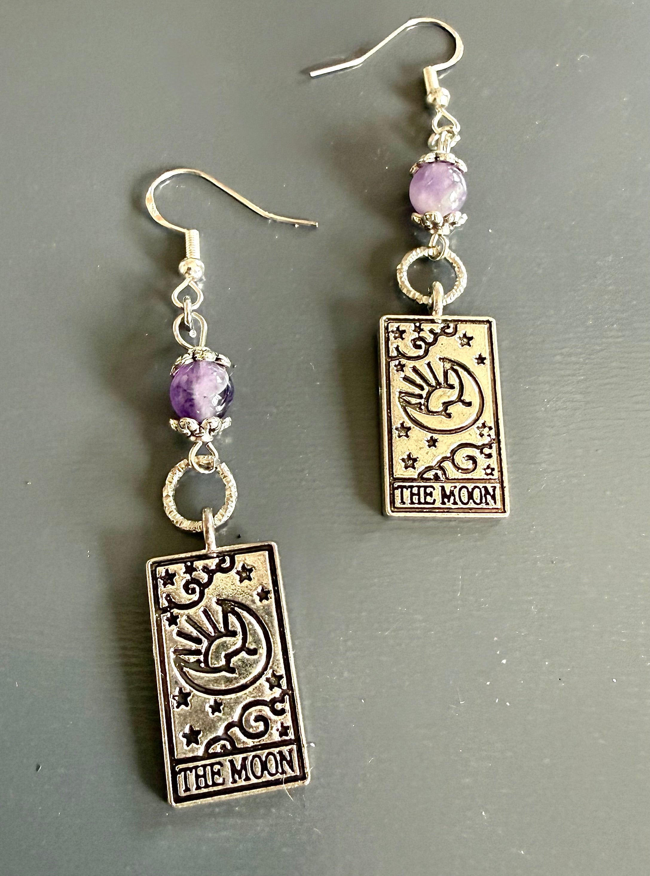 The Moon Tarot Card Charm Earrings with Amethyst Gemstones.