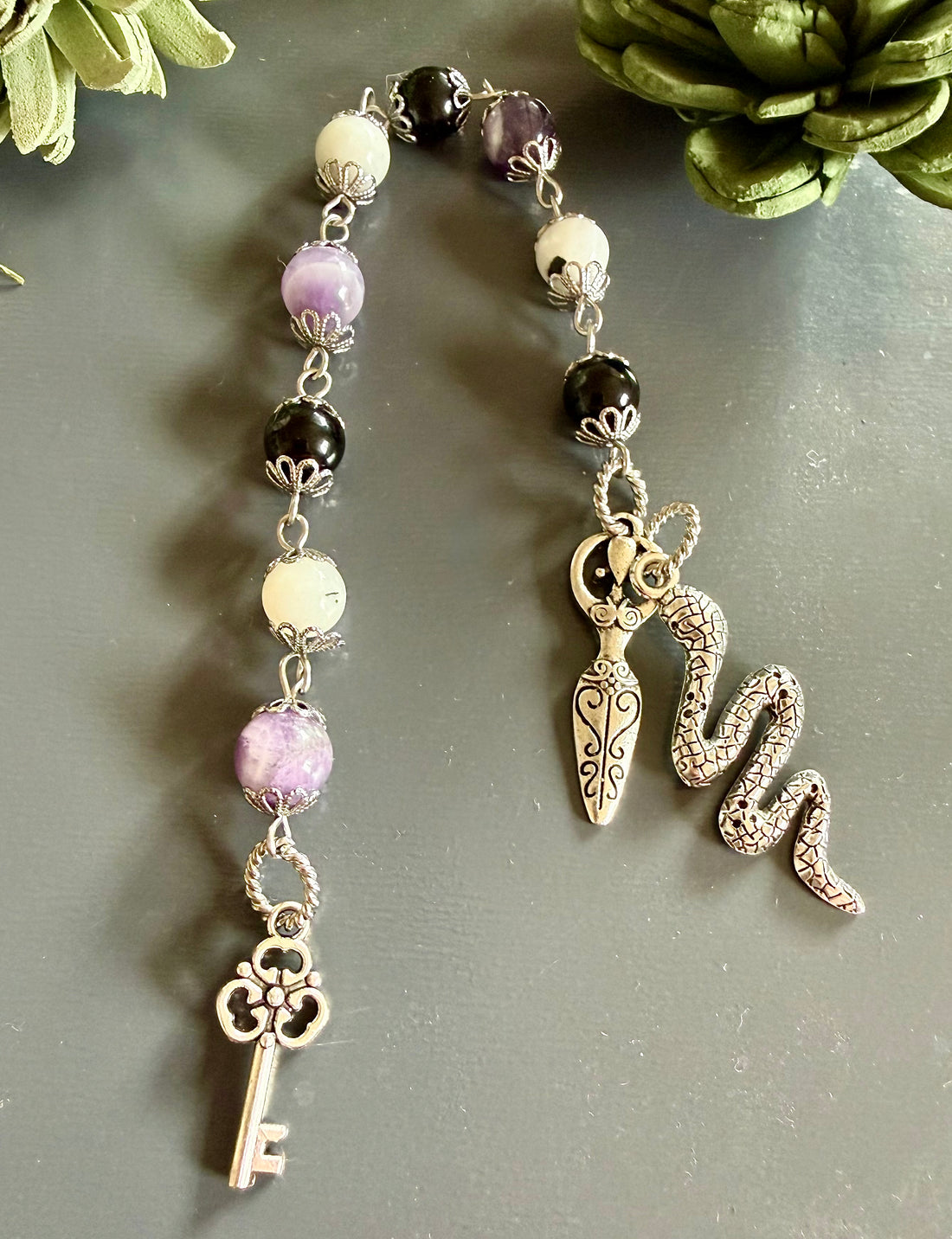 Goddess Hekate Devotional Prayer Beads: Amethyst, Onyx, Moonstone, Key and Snake Charms