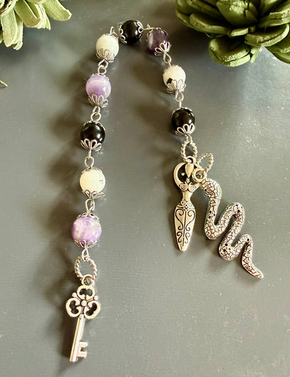 Goddess Hekate Devotional Prayer Beads: Amethyst, Onyx, Moonstone, Key and Snake Charms