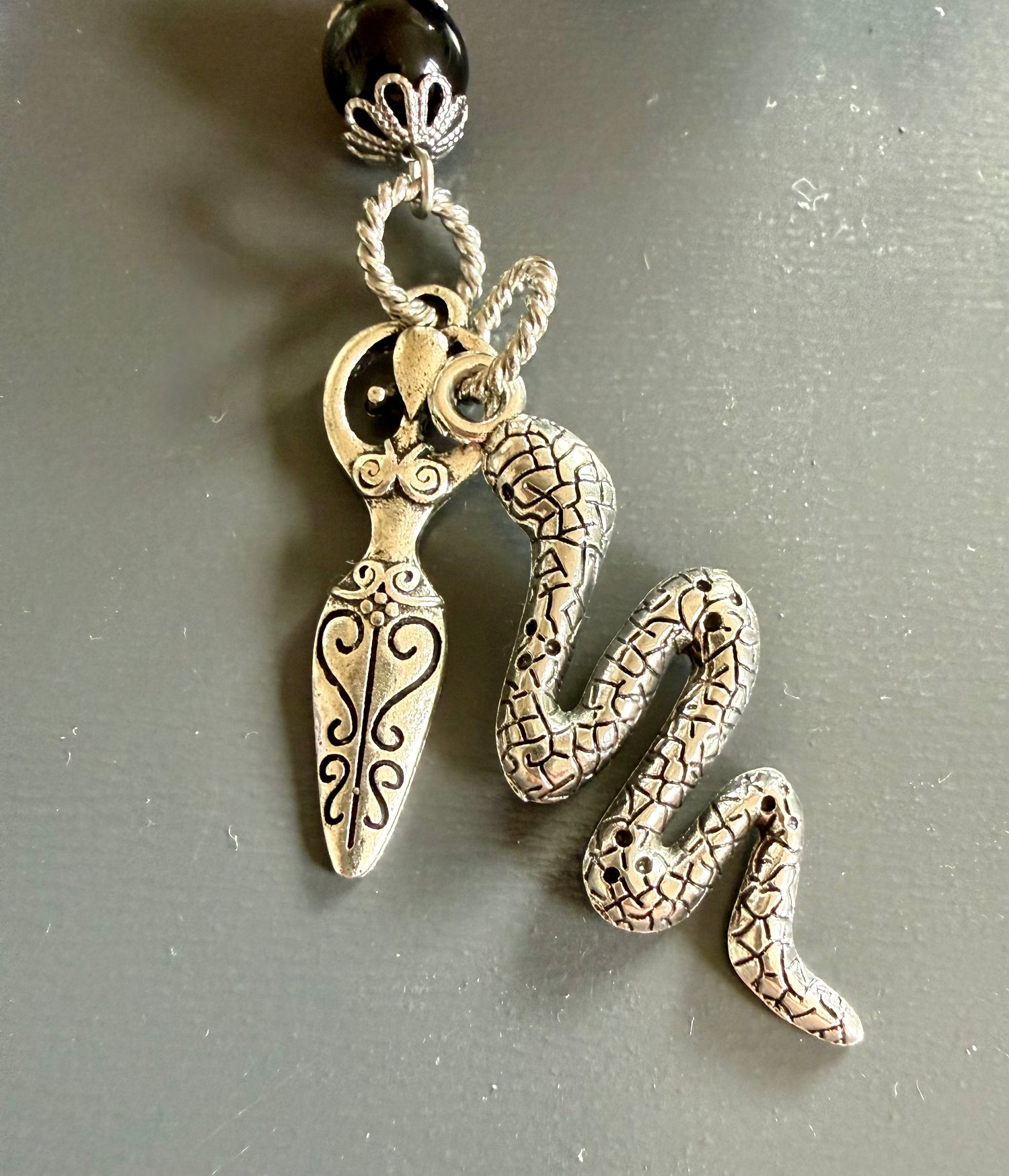 Goddess Hekate Devotional Prayer Beads: Amethyst, Onyx, Moonstone, Key and Snake Charms