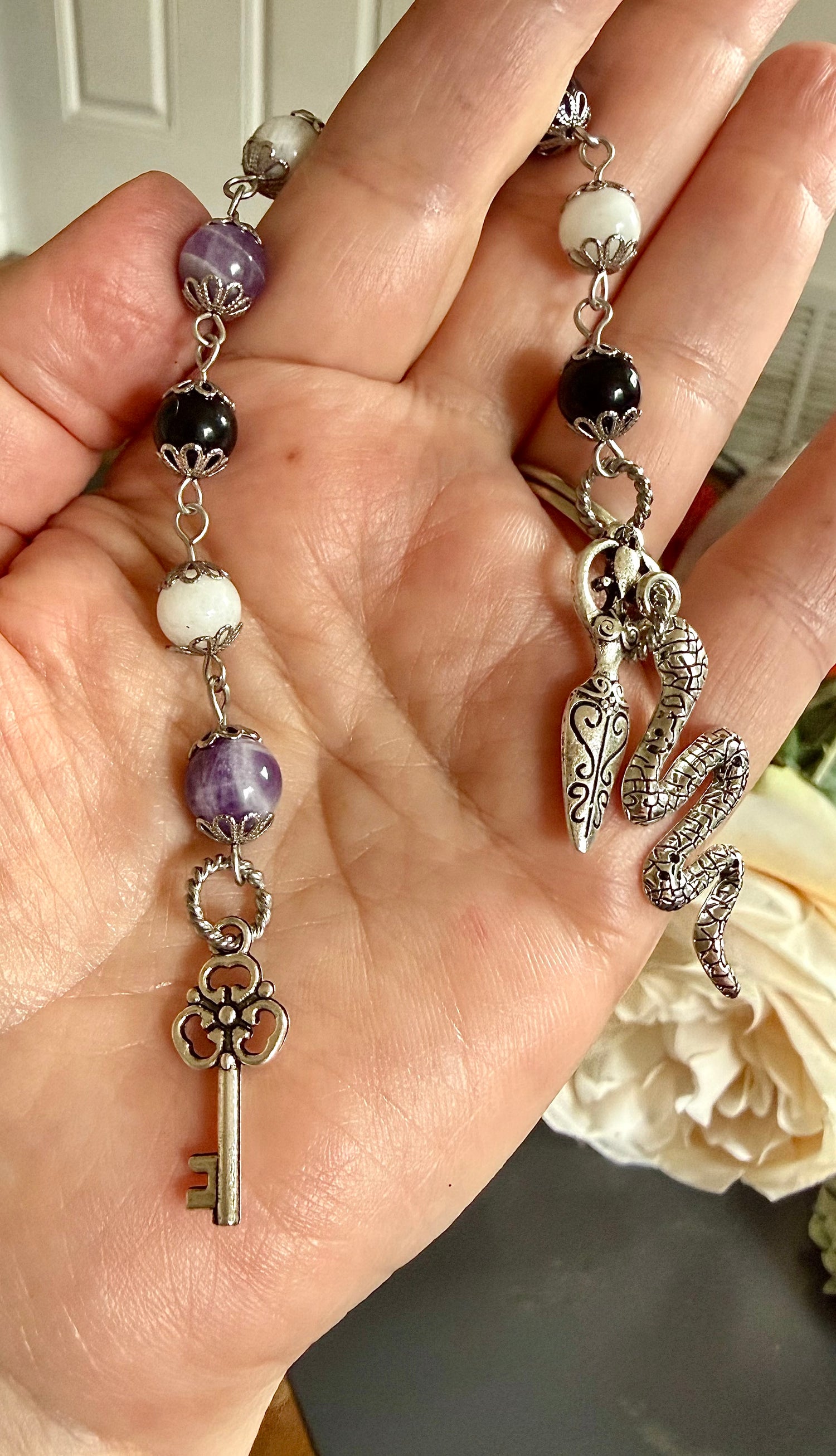 Goddess Hekate Devotional Prayer Beads: Amethyst, Onyx, Moonstone, Key and Snake Charms
