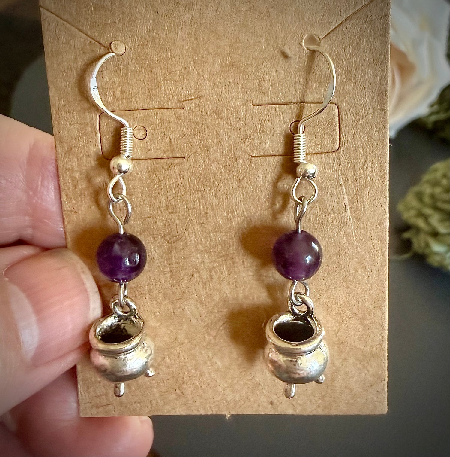 Witches Brew Cauldron Witchy Earrings with Amethyst Gemstones.