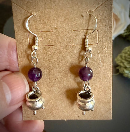 Witches Brew Cauldron Witchy Earrings with Amethyst Gemstones.