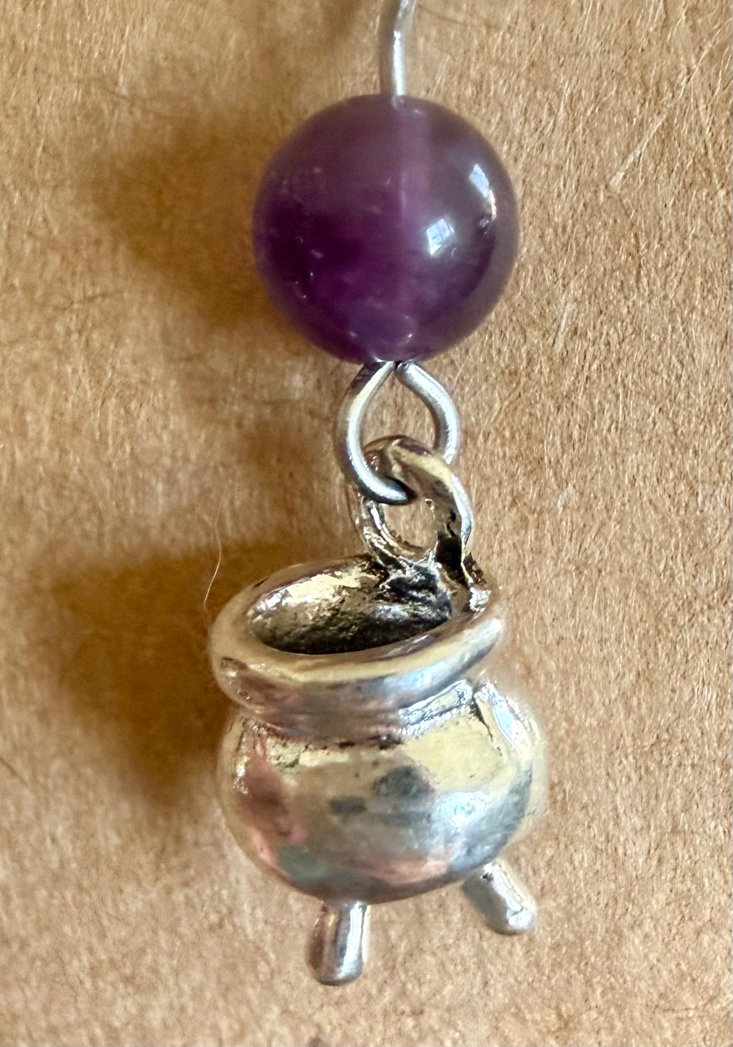 Witches Brew Cauldron Witchy Earrings with Amethyst Gemstones.