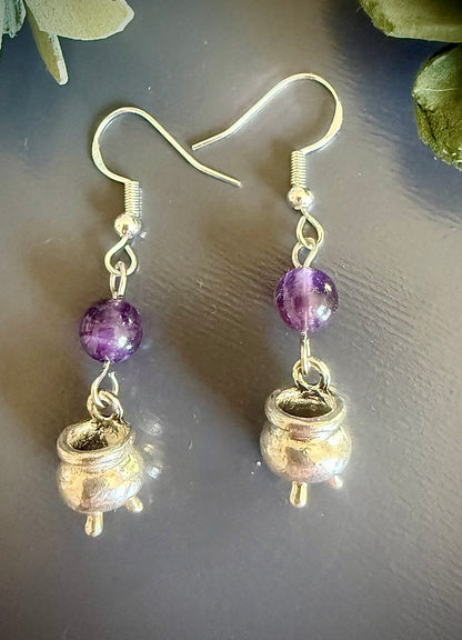Witches Brew Cauldron Witchy Earrings with Amethyst Gemstones.