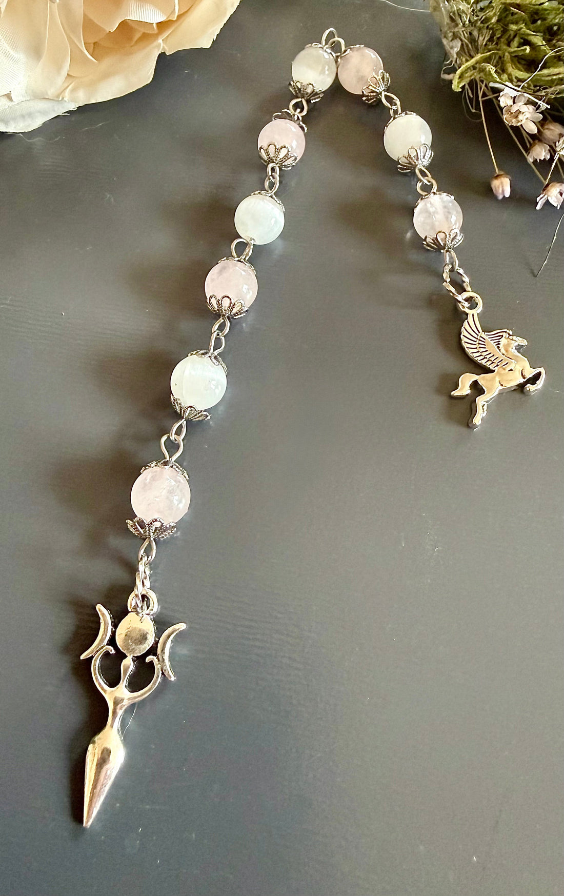 Goddess Selene Devotional Prayer Beads: Selenite, Rose Quartz, Moon Goddess, and Pegasus Charms.