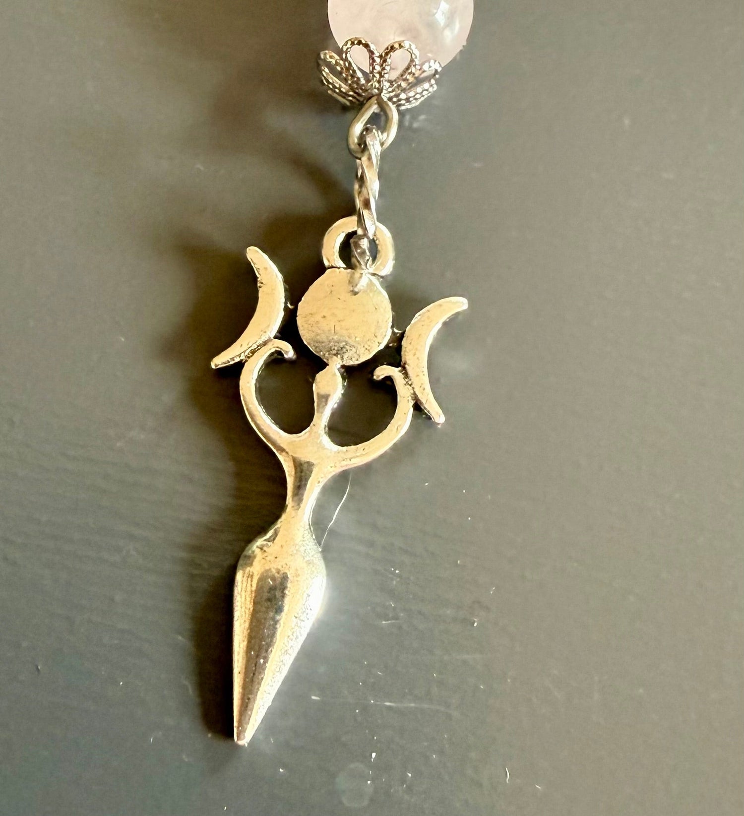 Goddess Selene Devotional Prayer Beads: Selenite, Rose Quartz, Moon Goddess, and Pegasus Charms.