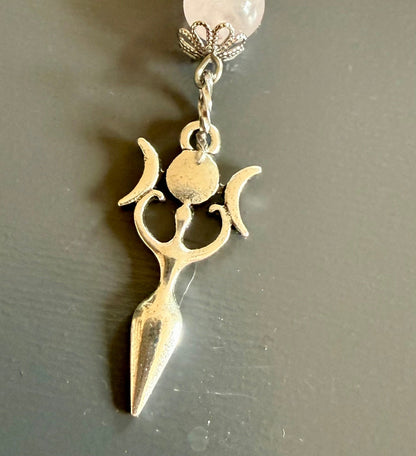 Goddess Selene Devotional Prayer Beads: Selenite, Rose Quartz, Moon Goddess, and Pegasus Charms.