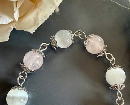 Goddess Selene Devotional Prayer Beads: Selenite, Rose Quartz, Moon Goddess, and Pegasus Charms.