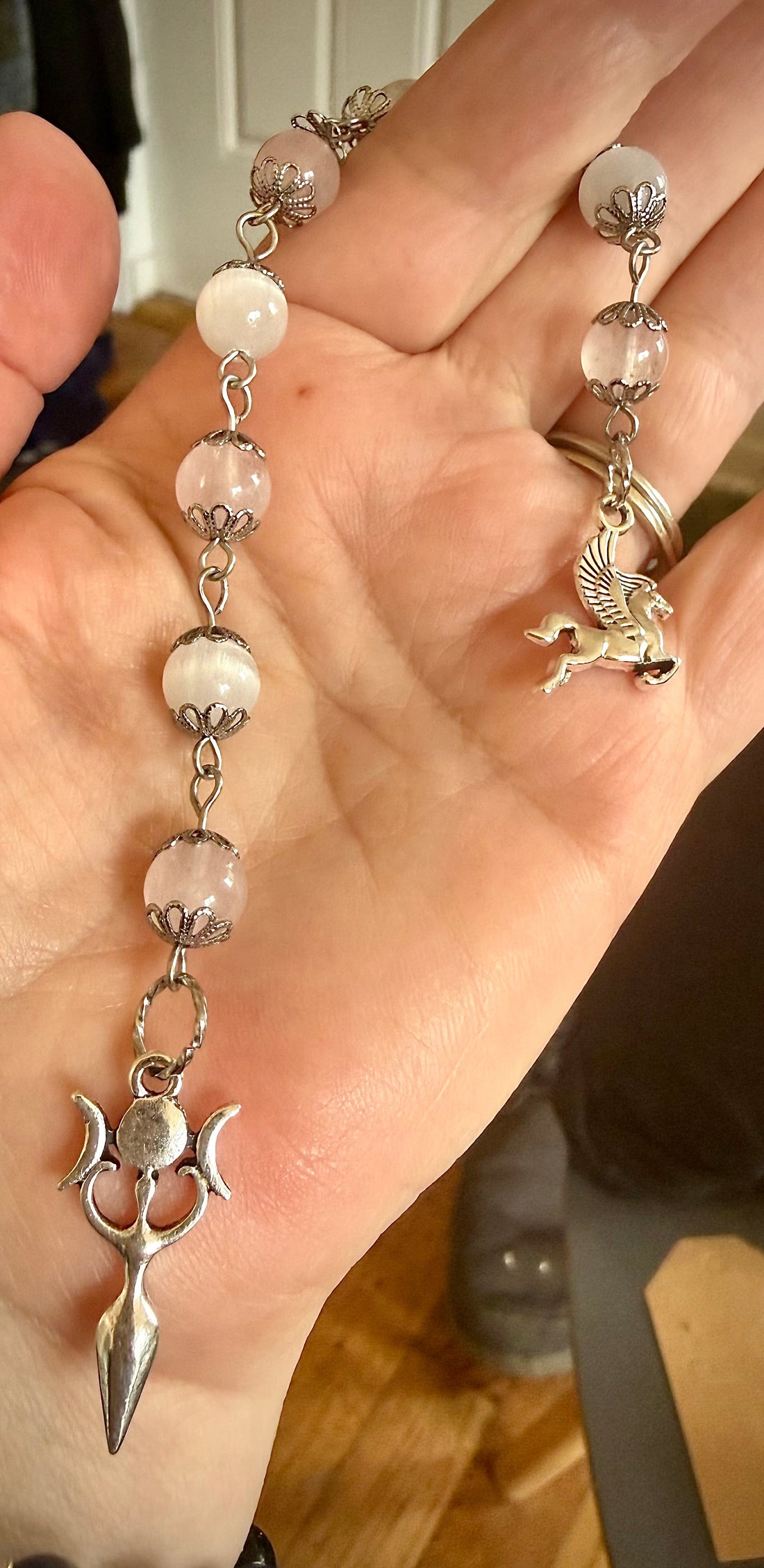 Goddess Selene Devotional Prayer Beads: Selenite, Rose Quartz, Moon Goddess, and Pegasus Charms.