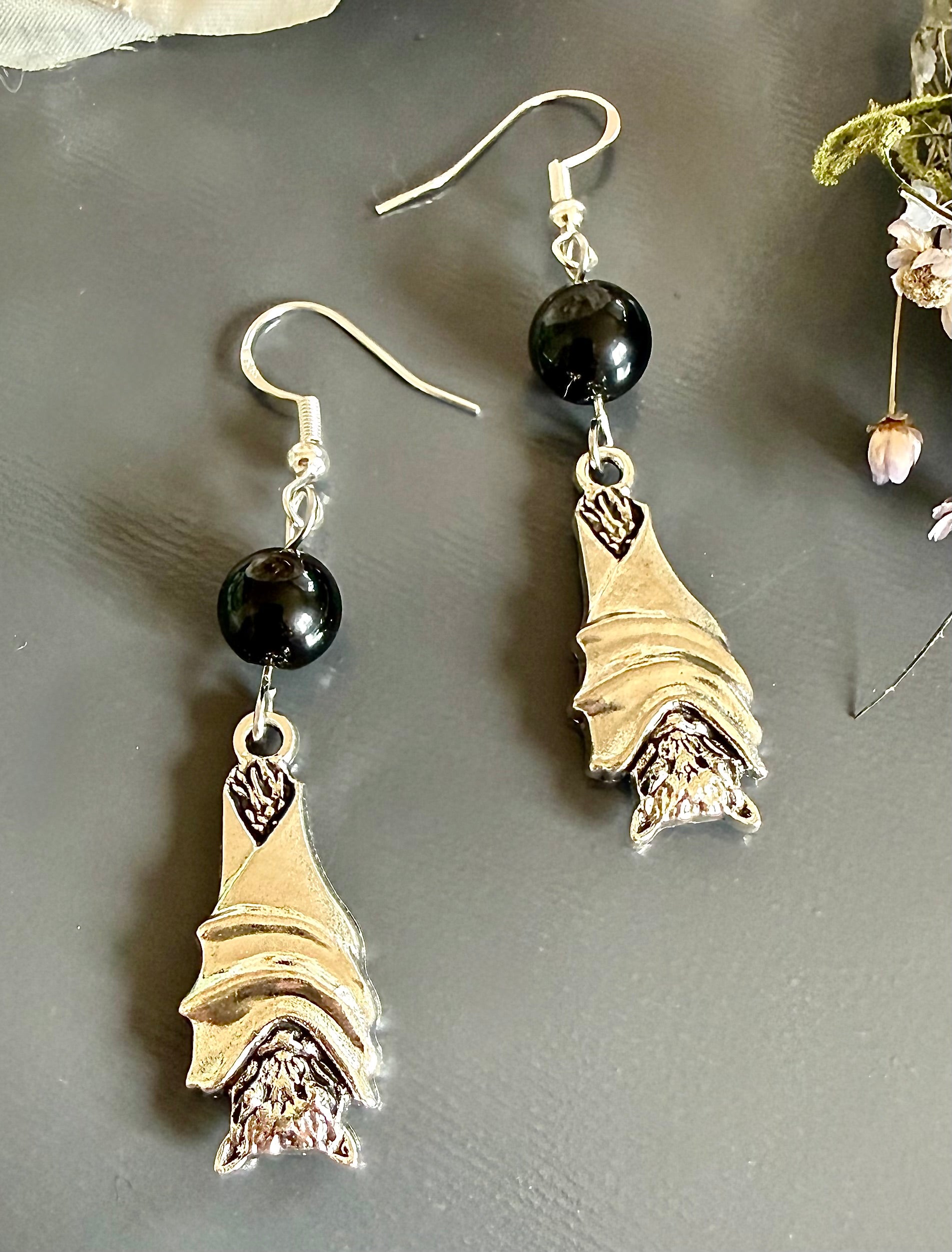 Black Obsidian Earrings with Bat Charms and Sterling Silver Hooks.