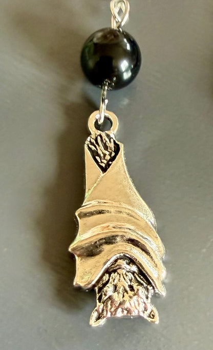 Black Obsidian Earrings with Bat Charms and Sterling Silver Hooks.