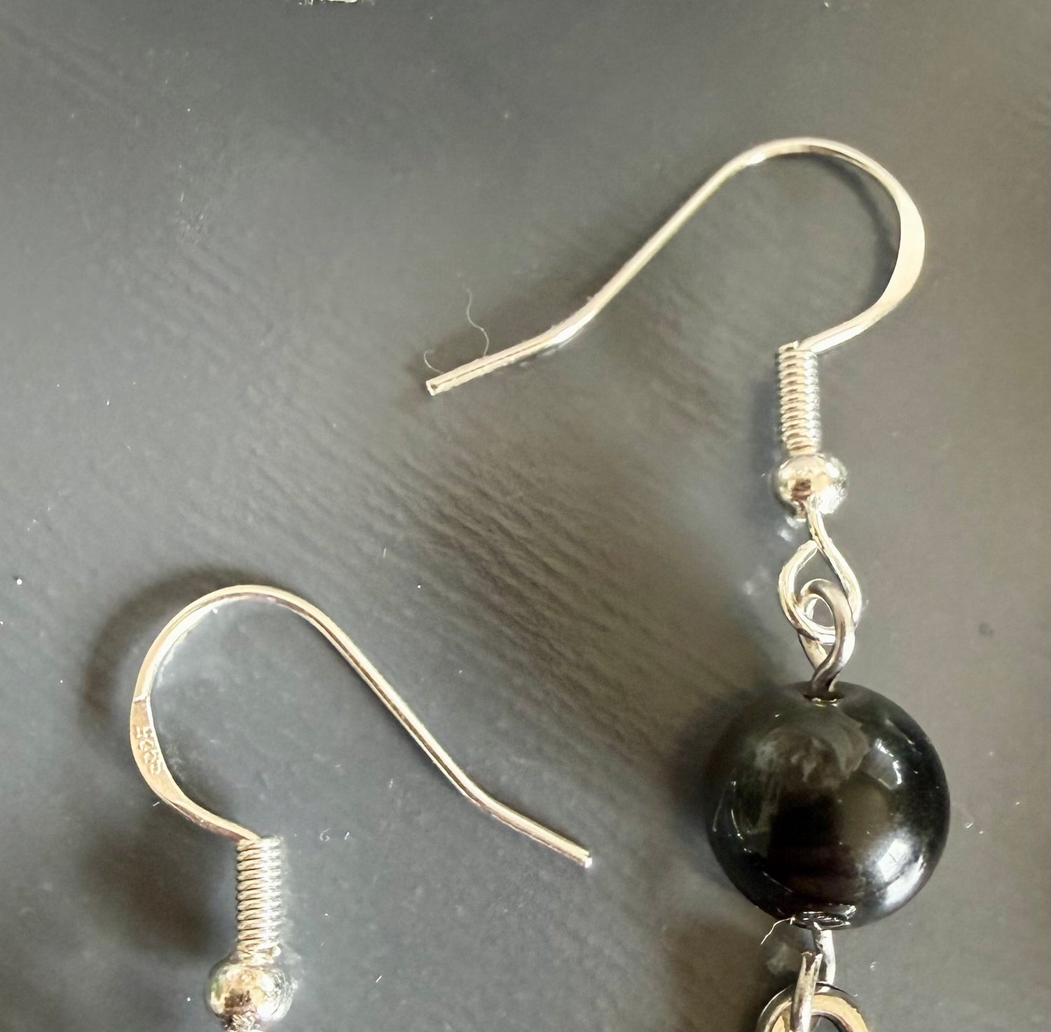 Black Obsidian Earrings with Bat Charms and Sterling Silver Hooks.