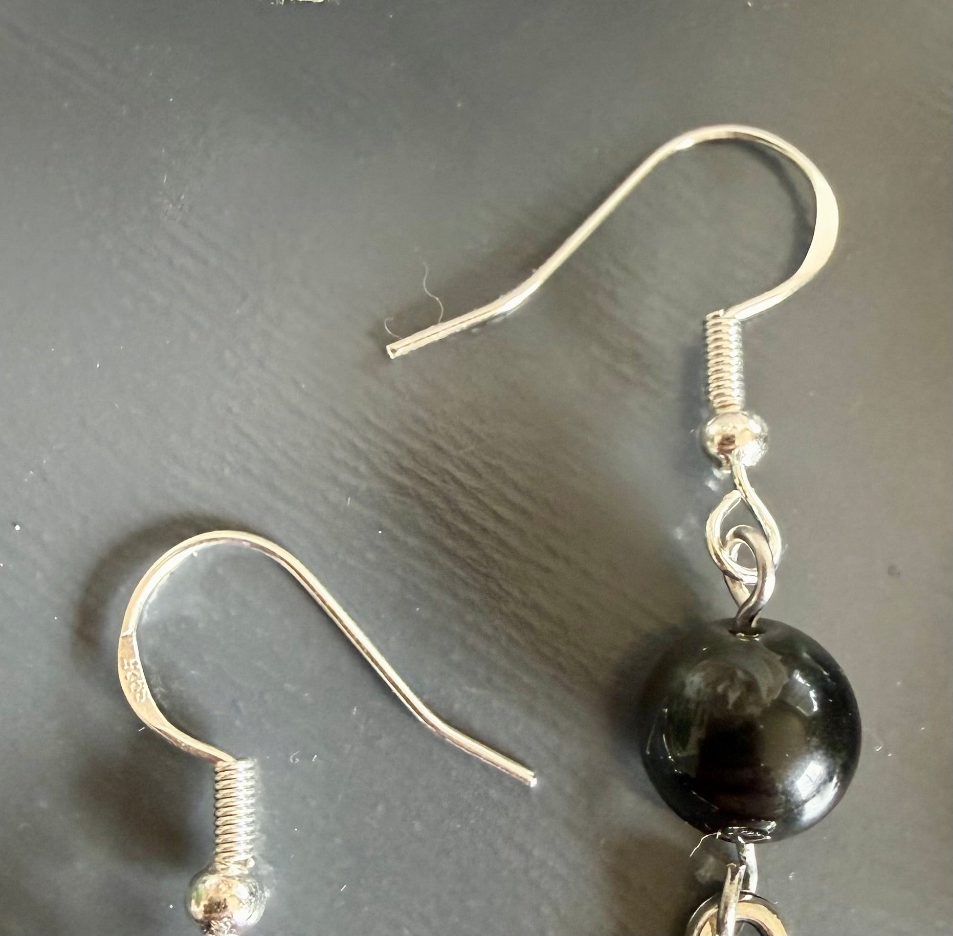 Black Obsidian Earrings with Bat Charms and Sterling Silver Hooks.