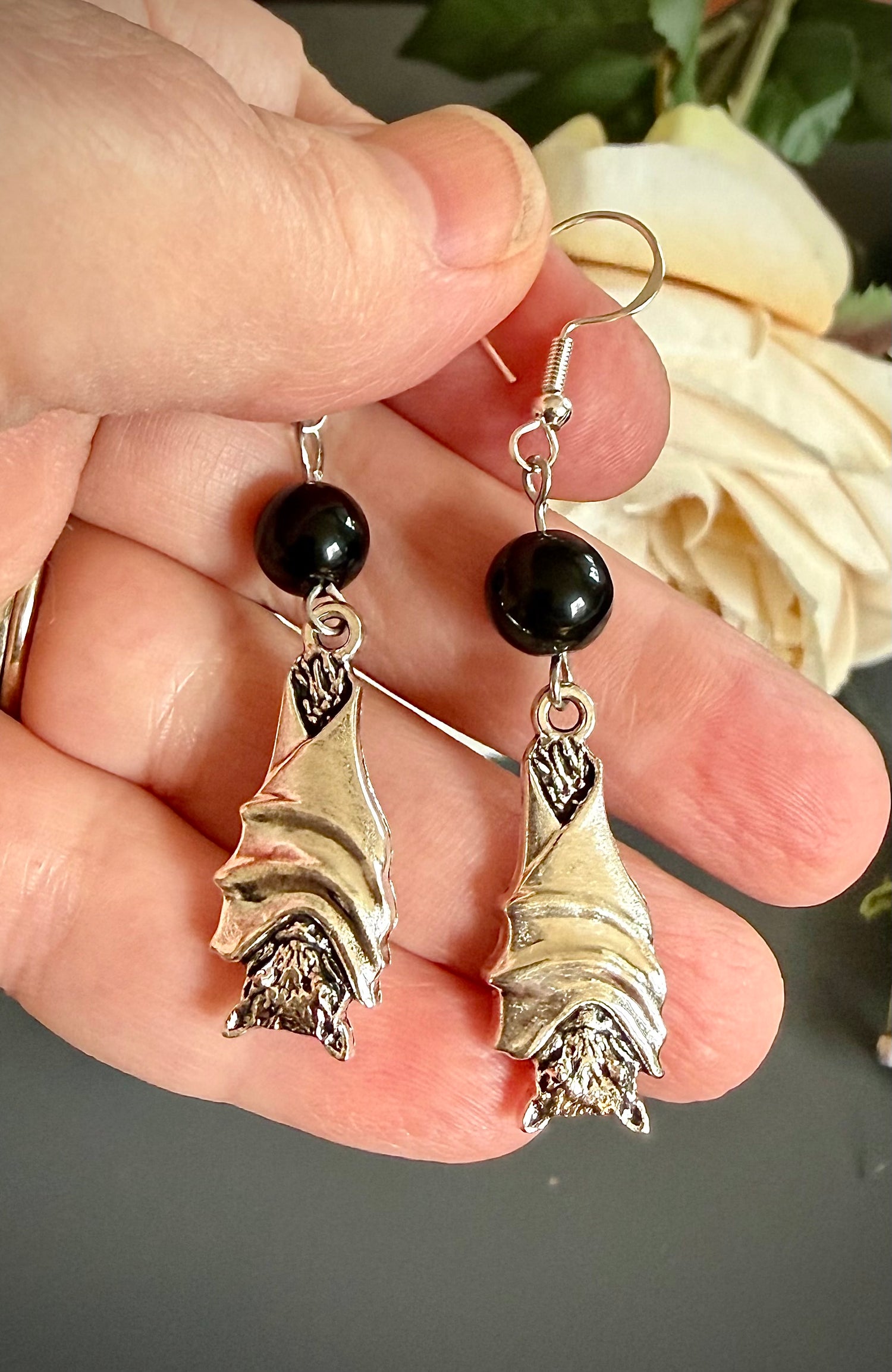 Black Obsidian Earrings with Bat Charms and Sterling Silver Hooks.