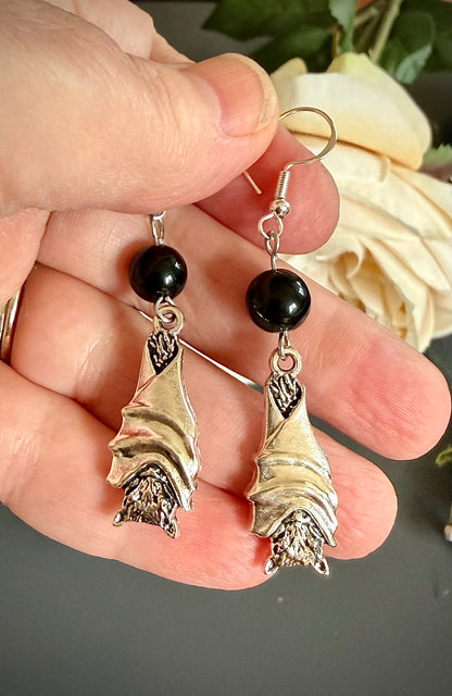 Black Obsidian Earrings with Bat Charms and Sterling Silver Hooks.