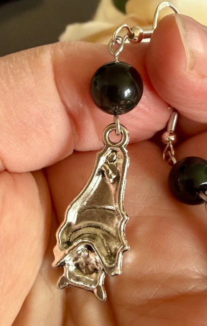 Black Obsidian Earrings with Bat Charms and Sterling Silver Hooks.