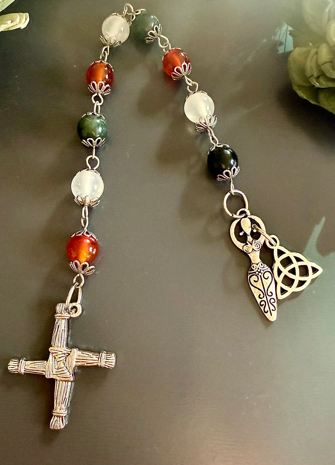 Goddess Brigid Devotional Prayer Beads:  Carnelian, Selenite, Moss Agate, and Brigid’s Cross Charm.