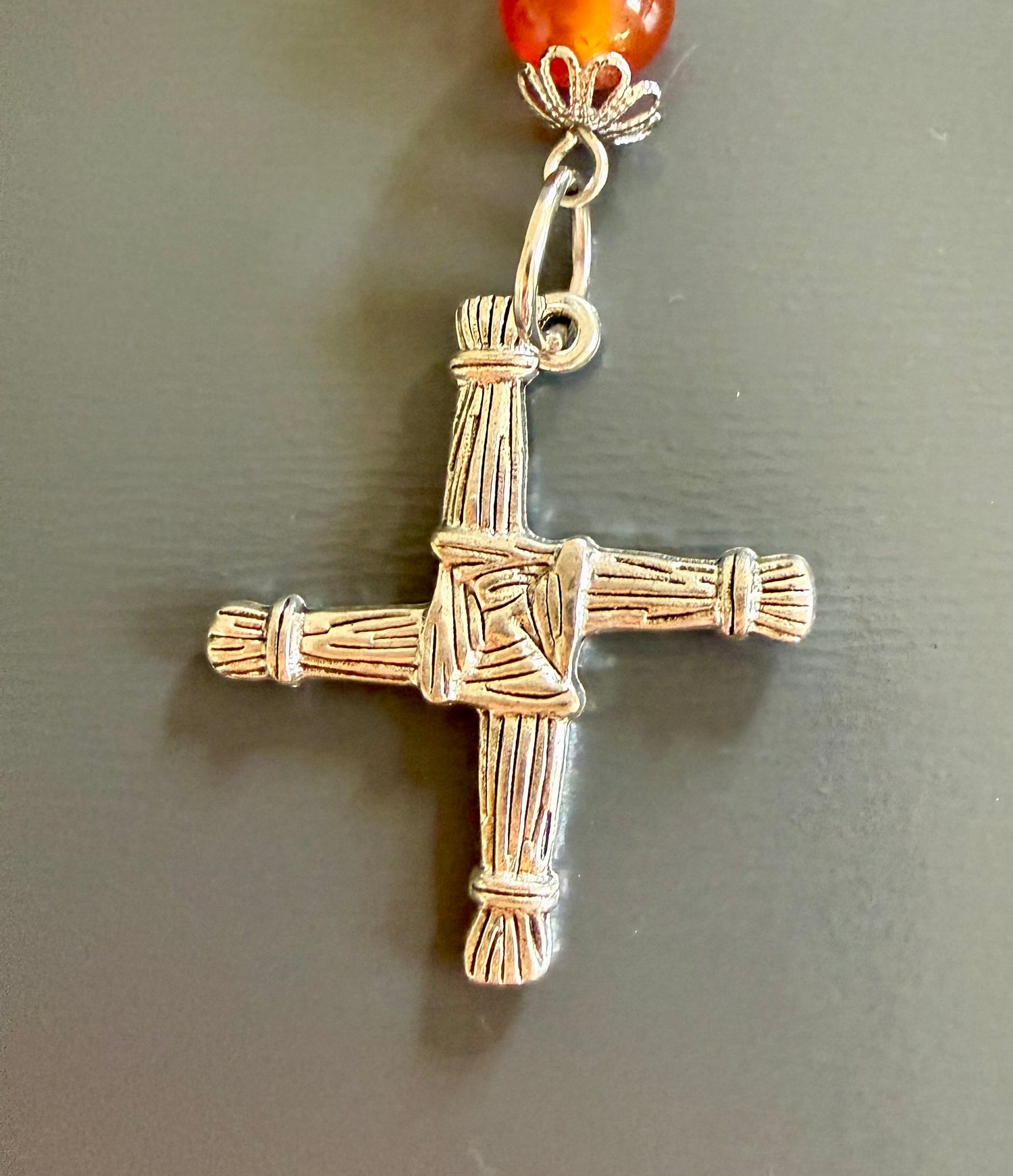 Goddess Brigid Devotional Prayer Beads:  Carnelian, Selenite, Moss Agate, and Brigid’s Cross Charm.