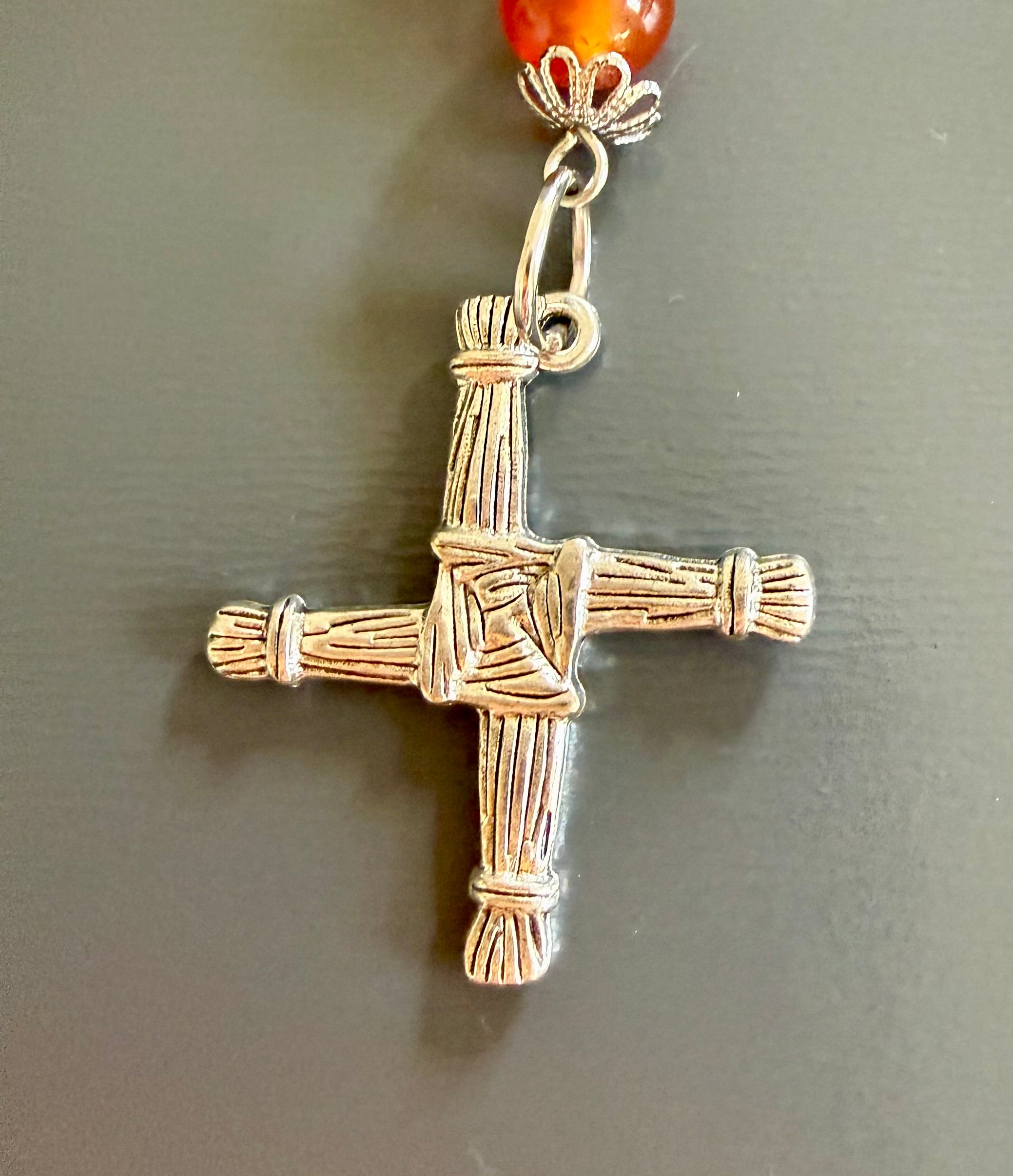 Goddess Brigid Devotional Prayer Beads:  Carnelian, Selenite, Moss Agate, and Brigid’s Cross Charm.