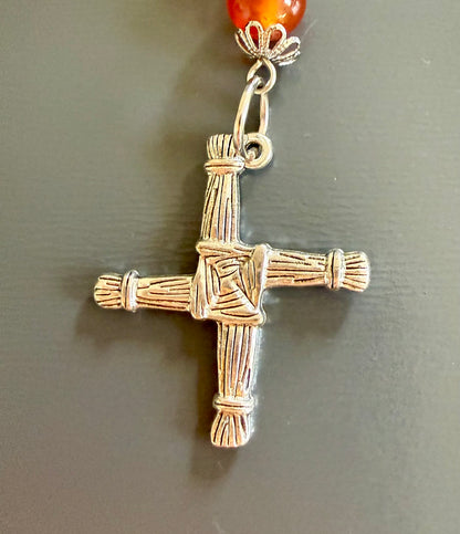 Goddess Brigid Devotional Prayer Beads:  Carnelian, Selenite, Moss Agate, and Brigid’s Cross Charm.