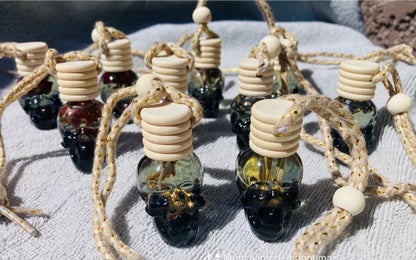 Mystical Skull Car Diffusers | Handmade Herbal Oil Air Fresheners | Witchy Hanging Glass Bottles | Gothic Car Decor | Aromatherapy Gift