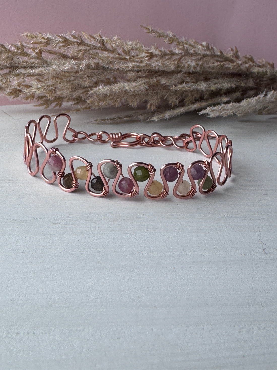 Wavy Copper Wire Wrapped Bracelet with Tourmaline crystals