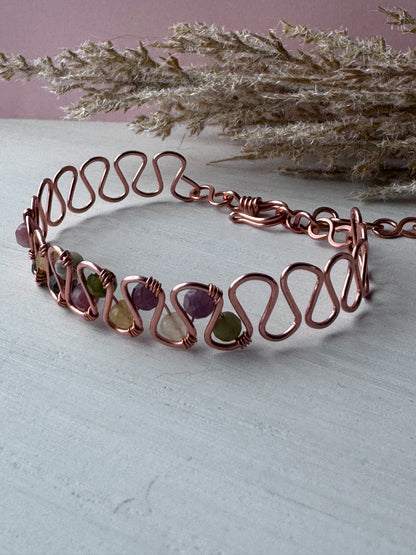 Wavy Copper Wire Wrapped Bracelet with Tourmaline crystals