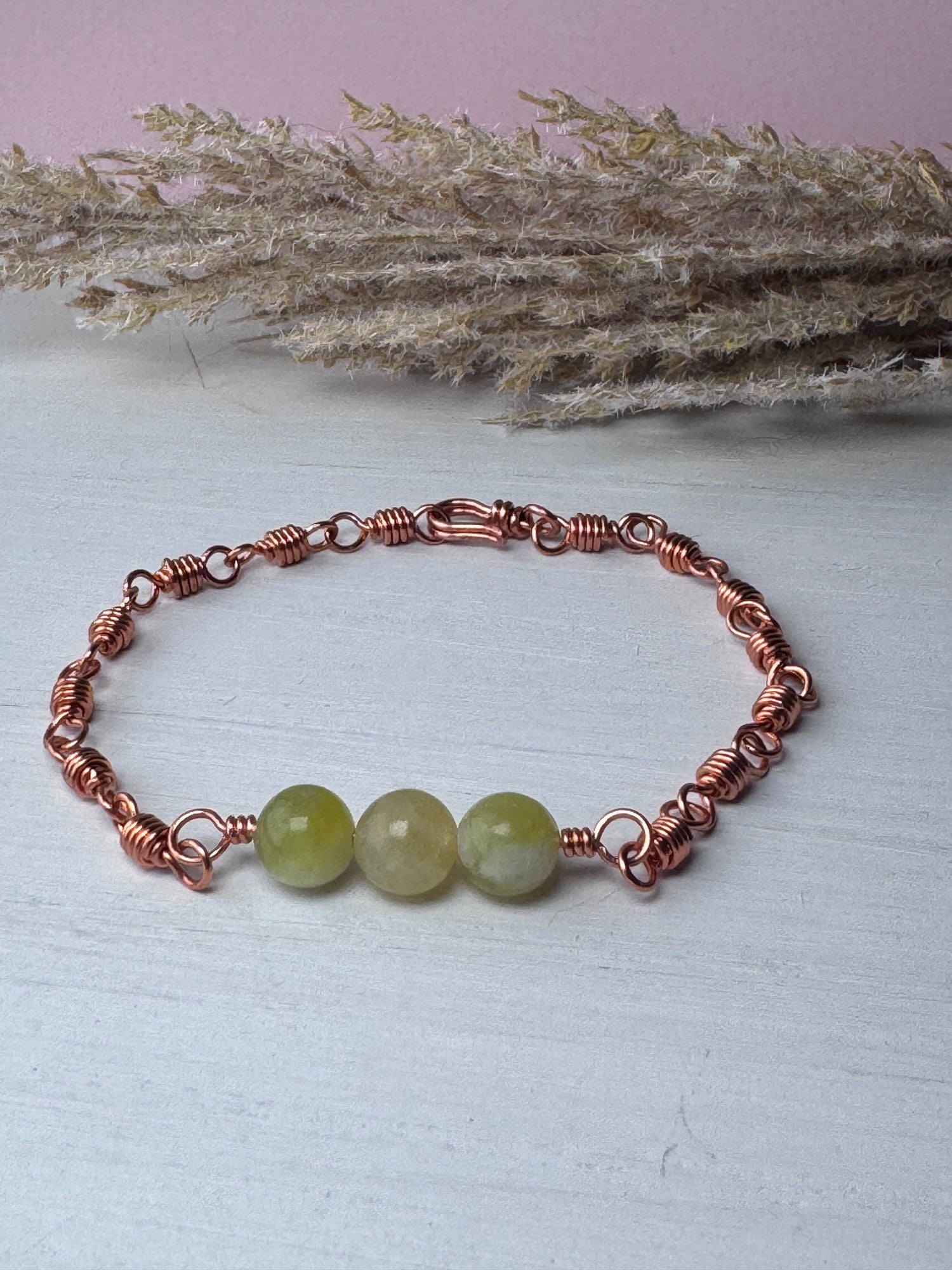 Jade &amp; Copper Wire Wrapped Bracelet