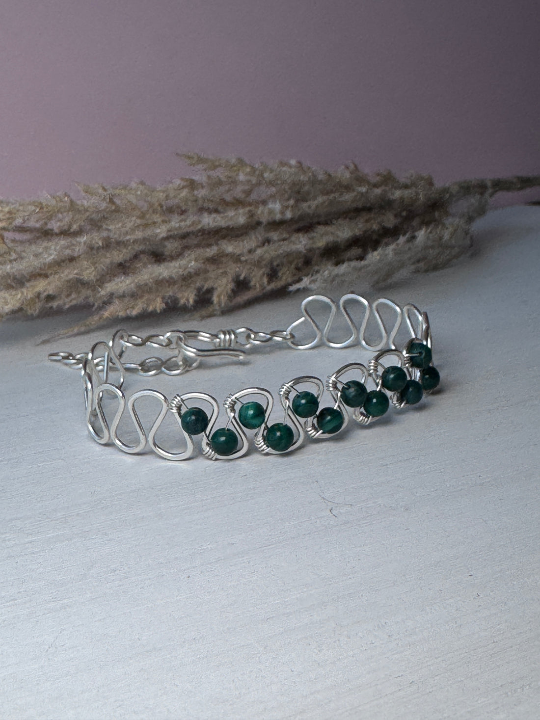 Wavy Silver Wire Bracelet with Malachite Gemstones
