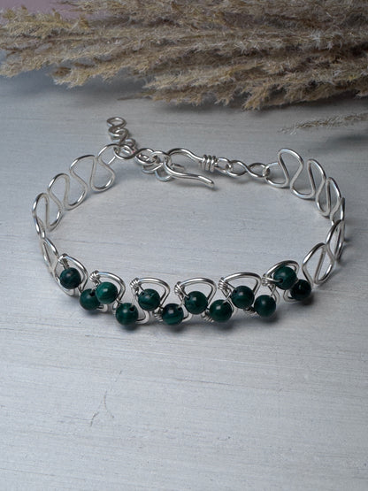 Wavy Silver Wire Bracelet with Malachite Gemstones