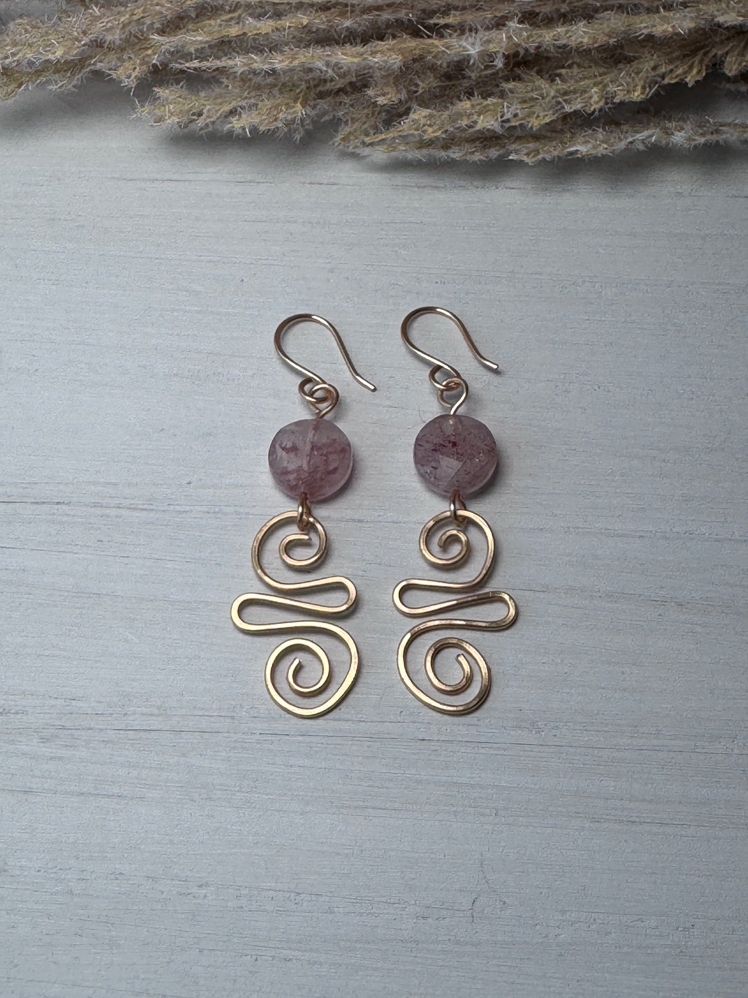 Gold Wire Wrapped Earrings with Strawberry Quartz Crystals