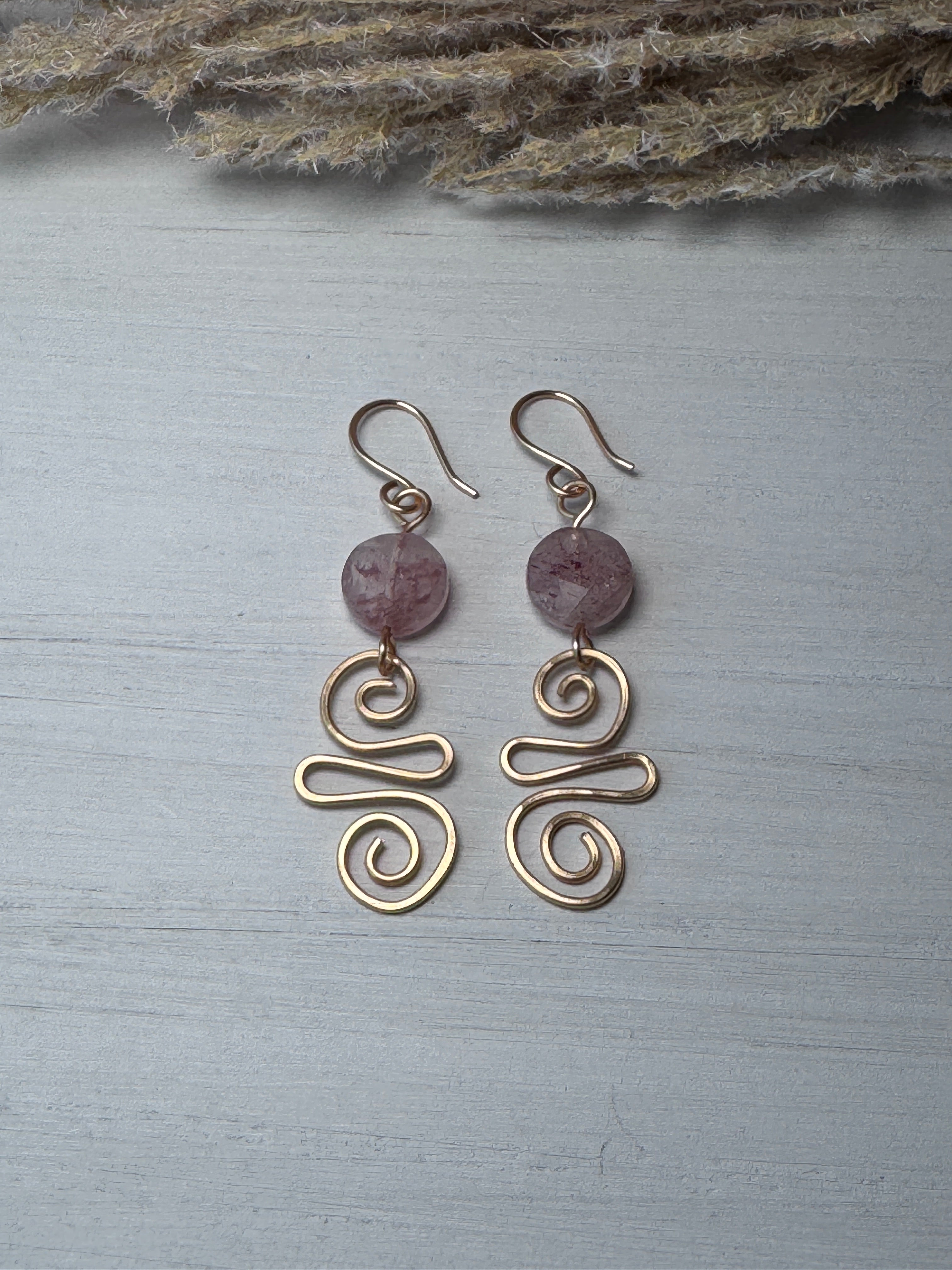 Gold Wire Wrapped Earrings with Strawberry Quartz Crystals