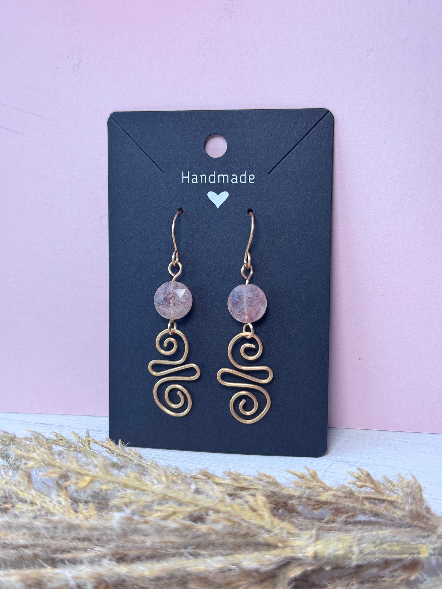Gold Wire Wrapped Earrings with Strawberry Quartz Crystals