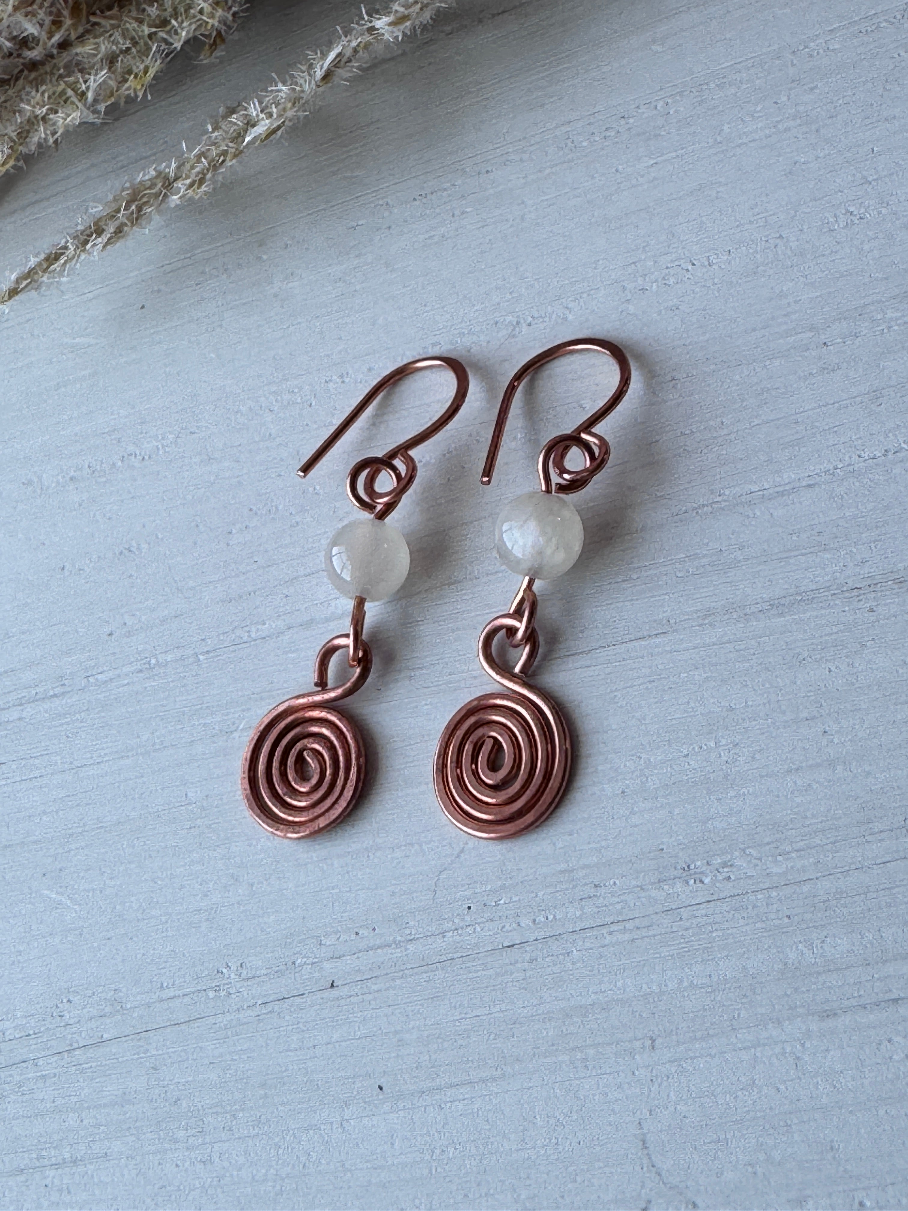 Mini Spiral Copper Earrings with Moonstones