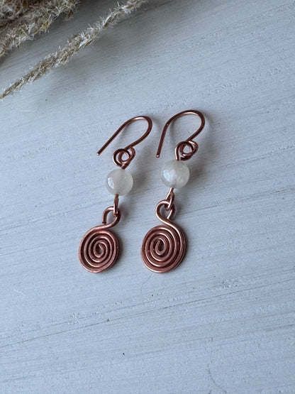 Mini Spiral Copper Earrings with Moonstones