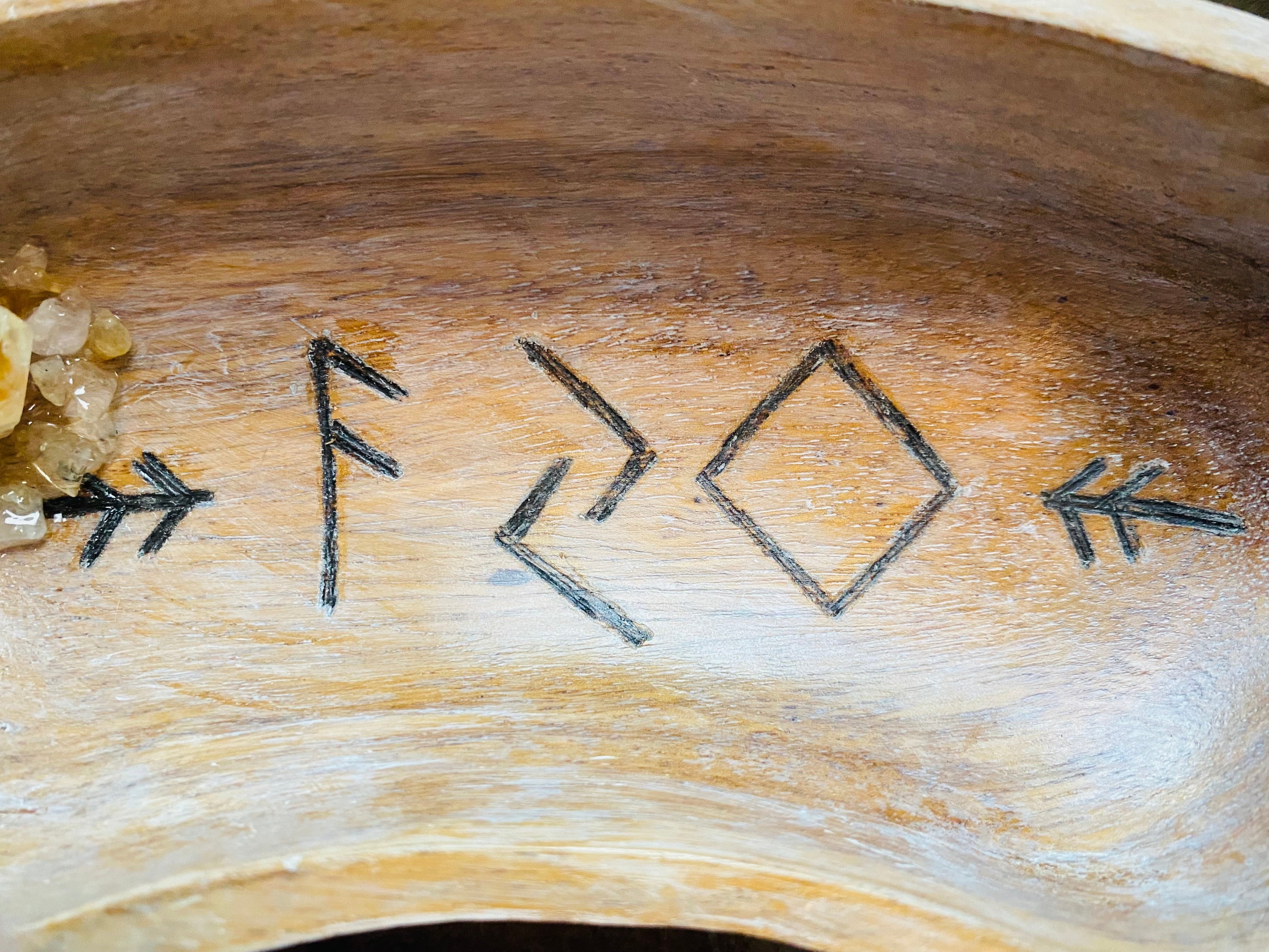 Futhark rune wood burned monkey pod wood bowl abundance