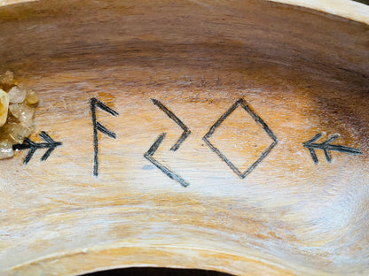 Futhark rune wood burned monkey pod wood bowl abundance