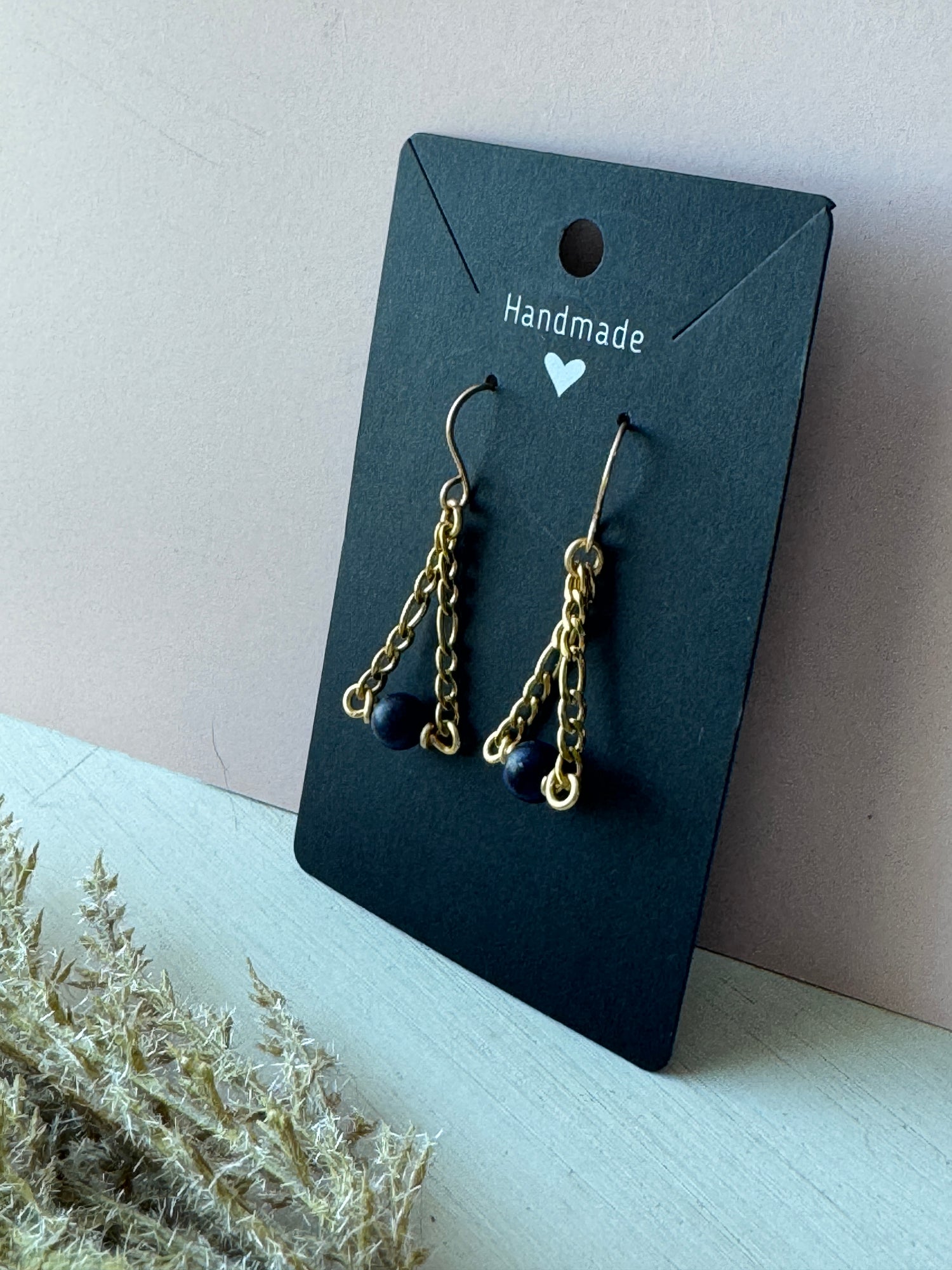Wire Wrapped Earrings with Lapis Lazuli and Gold Chain