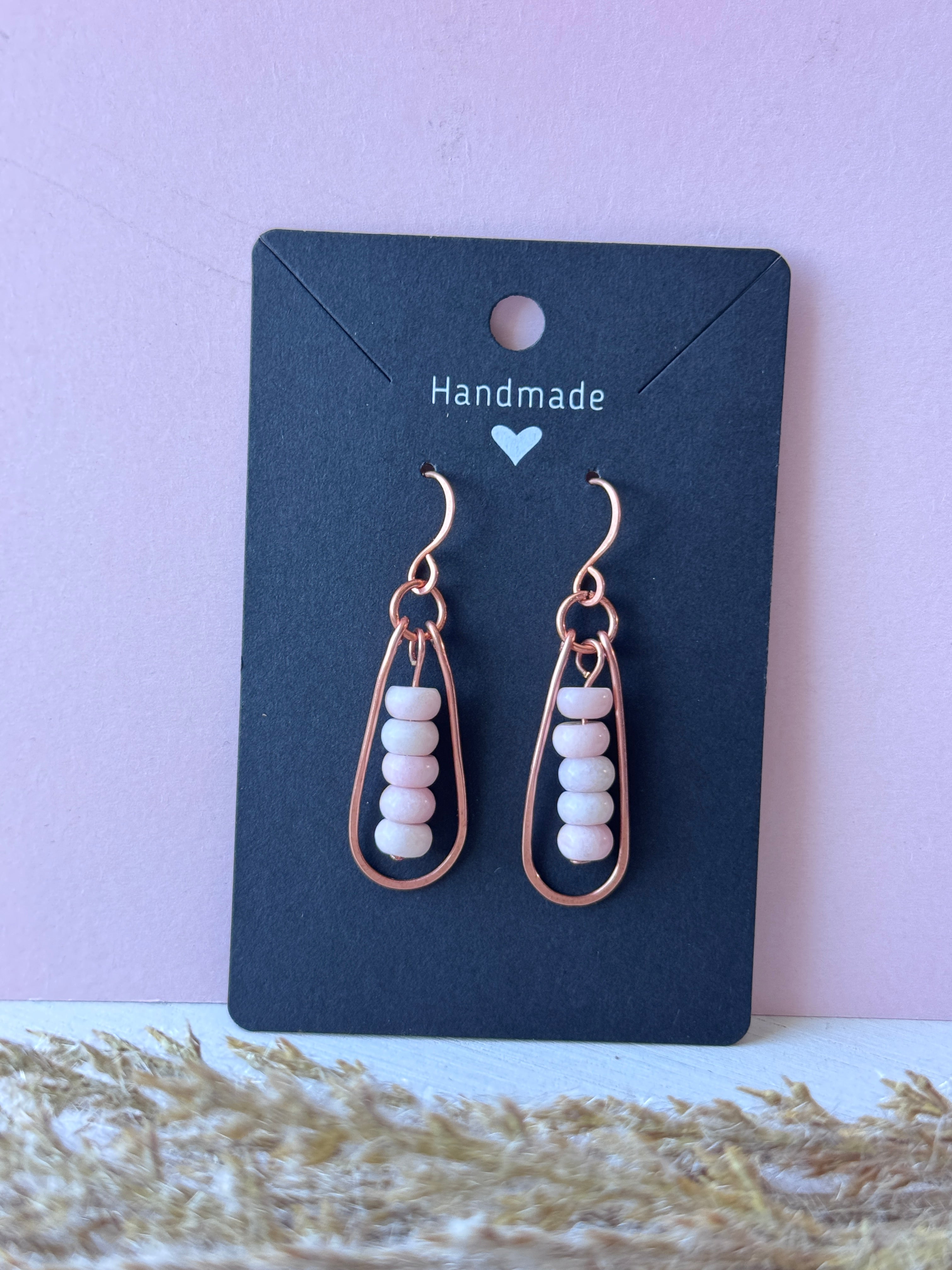 Copper Teardrop Wire Wrapped Earrings with Pink Opals