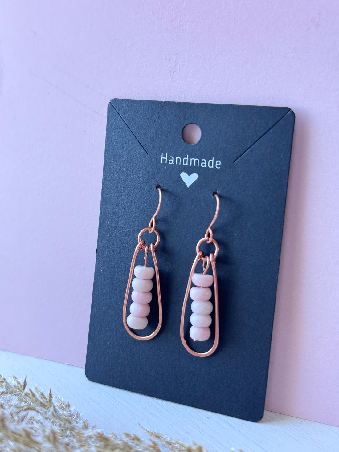 Copper Teardrop Wire Wrapped Earrings with Pink Opals