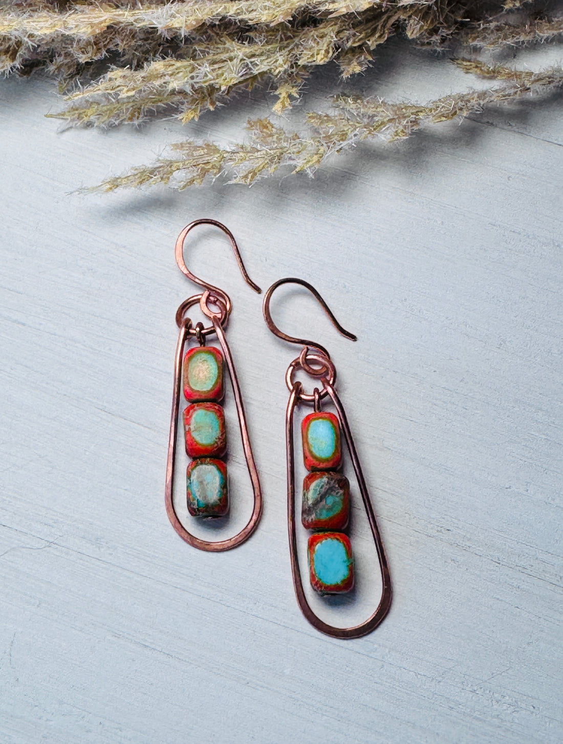 Copper Teardrop Wire Wrapped Earrings with Sea Sediment Jasper Gemstones