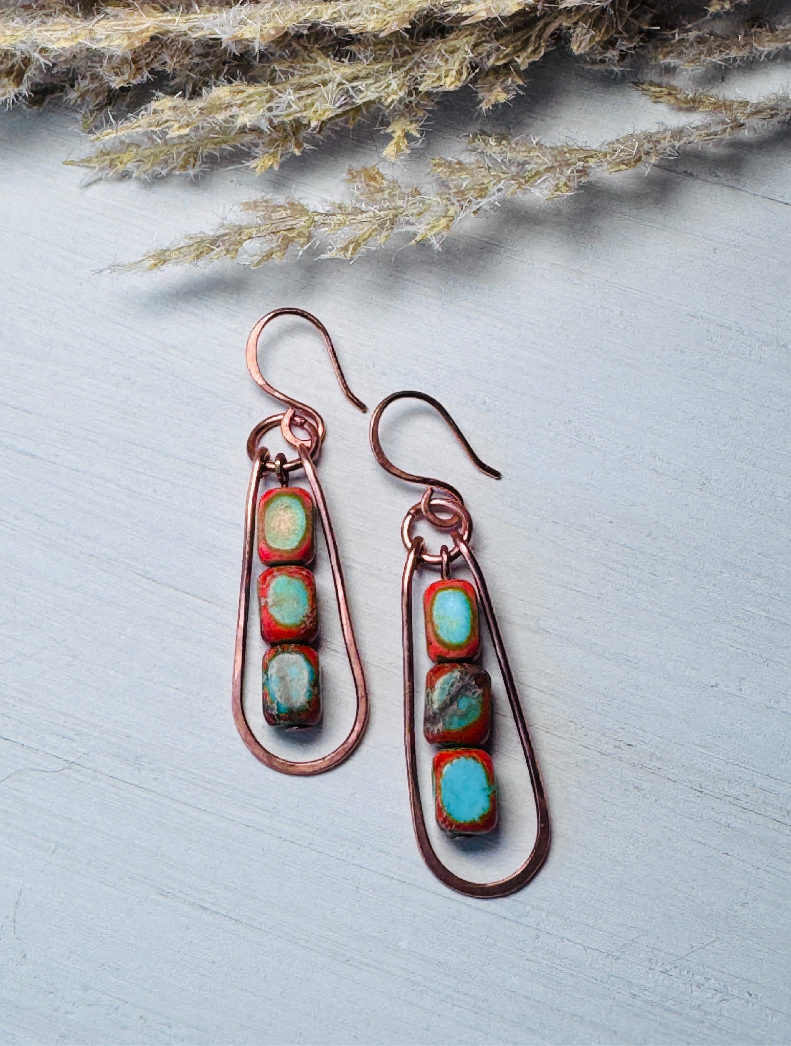 Copper Teardrop Wire Wrapped Earrings with Sea Sediment Jasper Gemstones