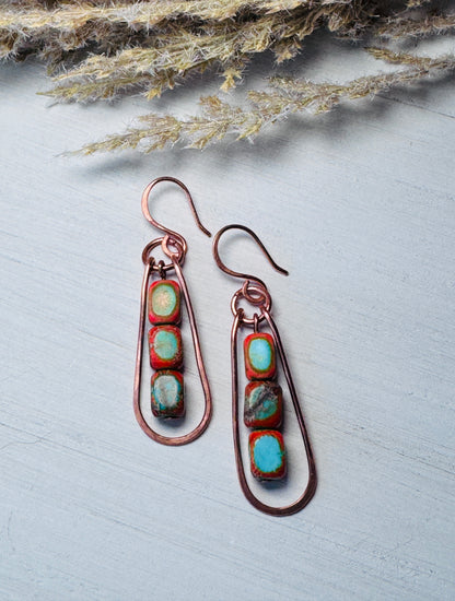 Copper Teardrop Wire Wrapped Earrings with Sea Sediment Jasper Gemstones