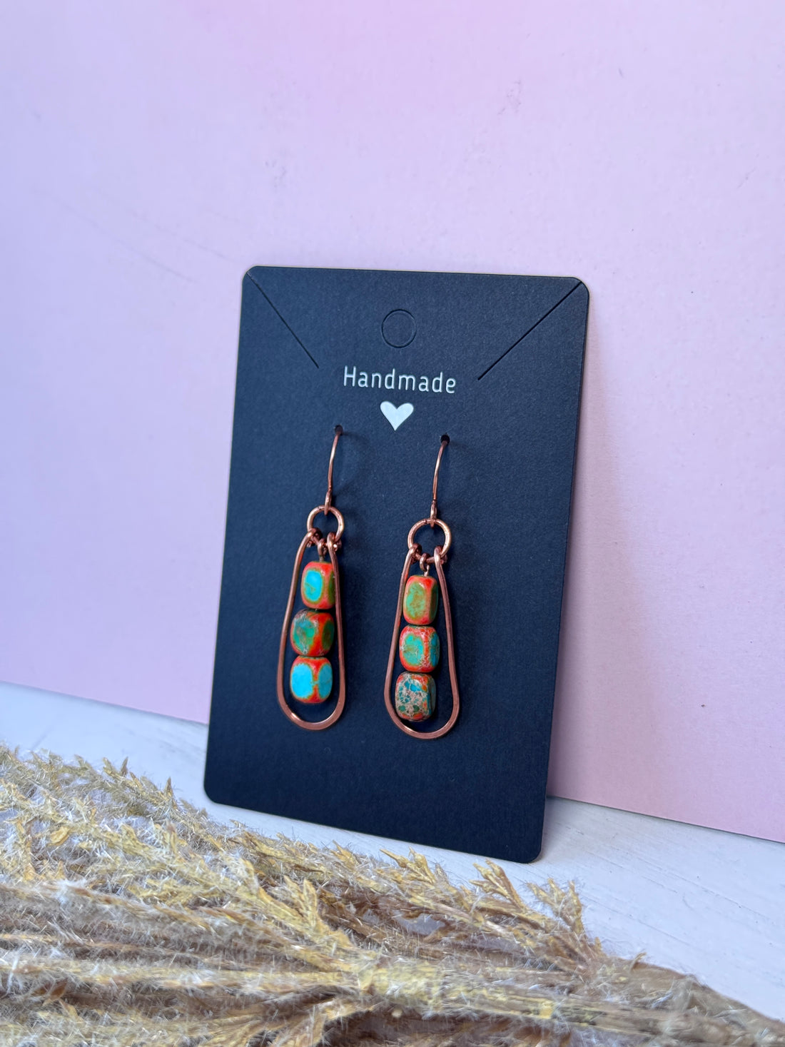Copper Teardrop Wire Wrapped Earrings with Sea Sediment Jasper Gemstones