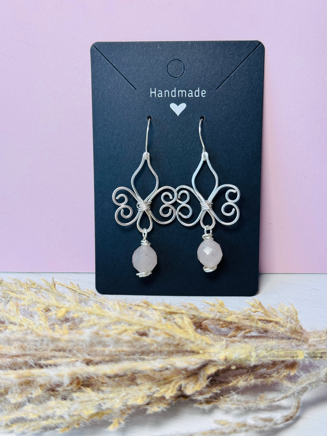 Fleur de Lis Rose Quartz Earrings