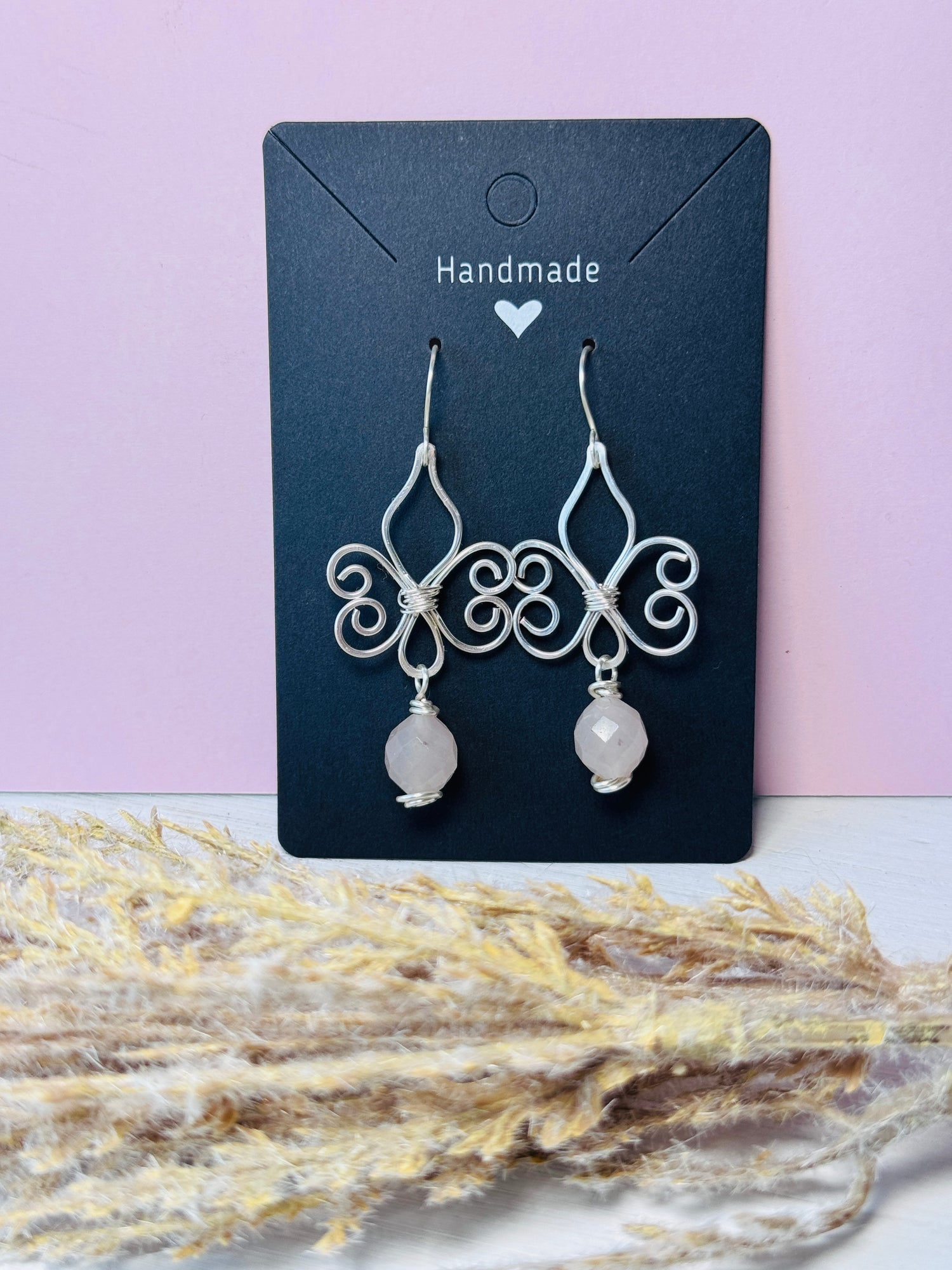 Fleur de Lis Rose Quartz Earrings