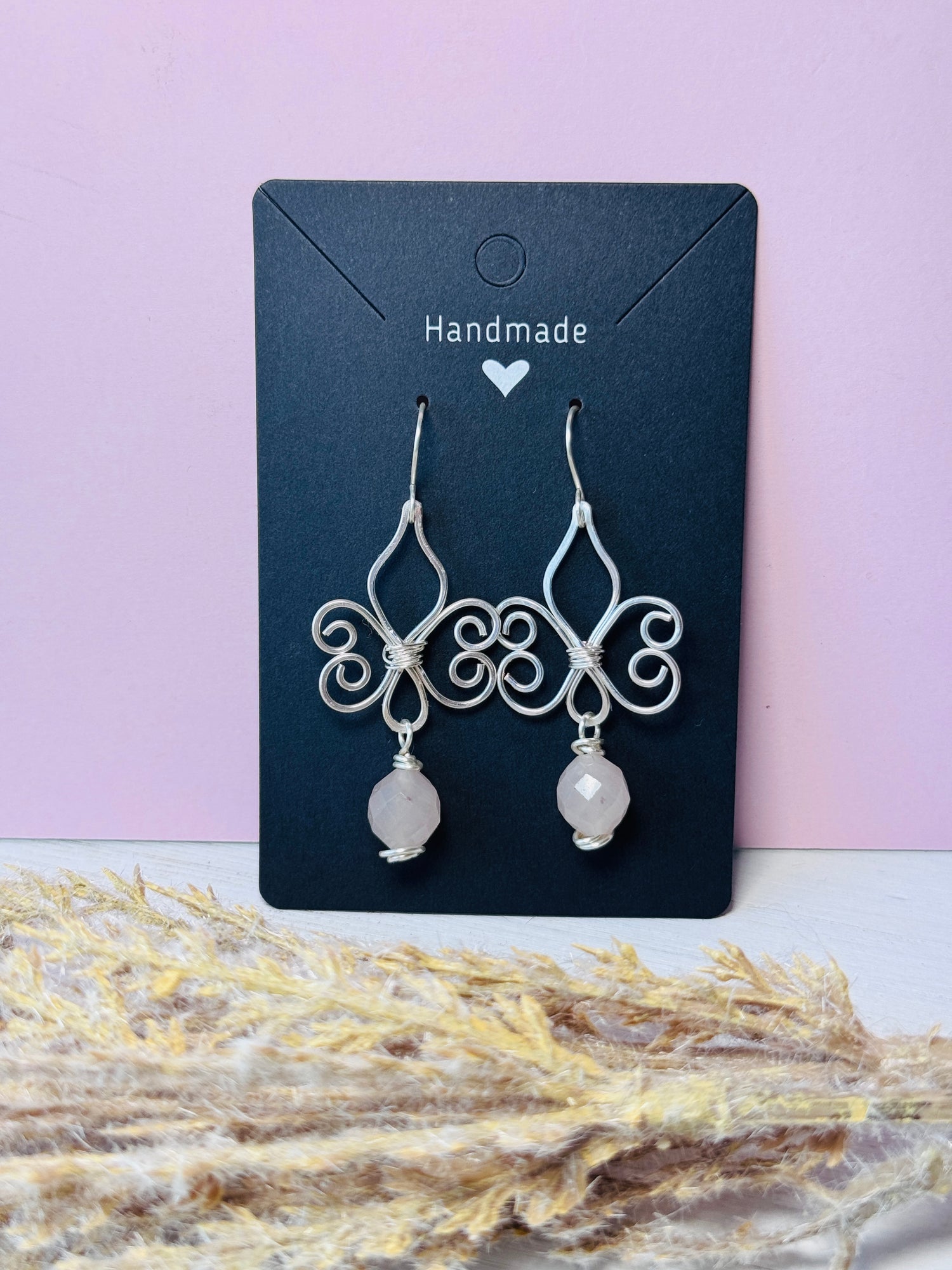 Fleur de Lis Rose Quartz Earrings