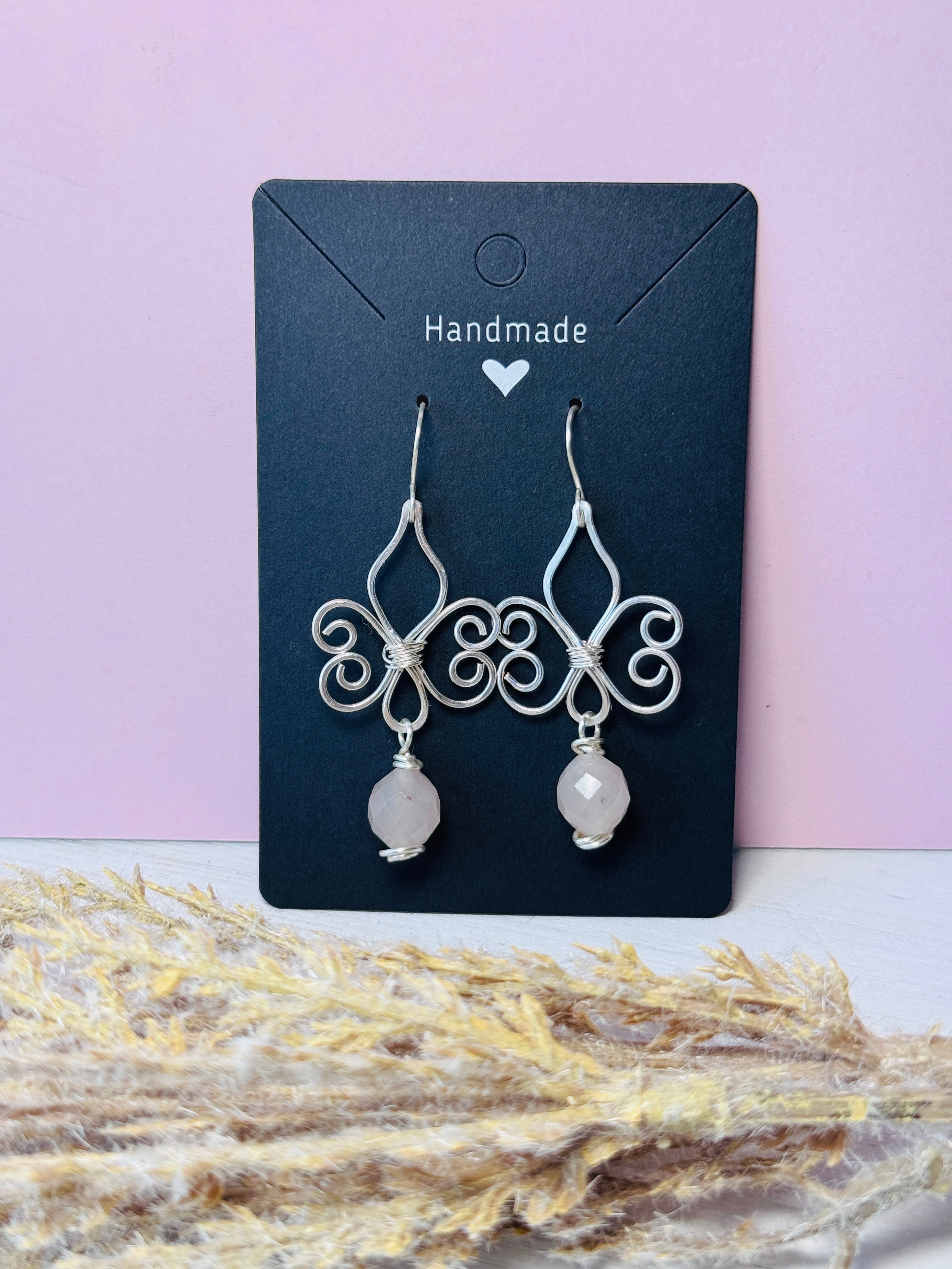 Fleur de Lis Rose Quartz Earrings